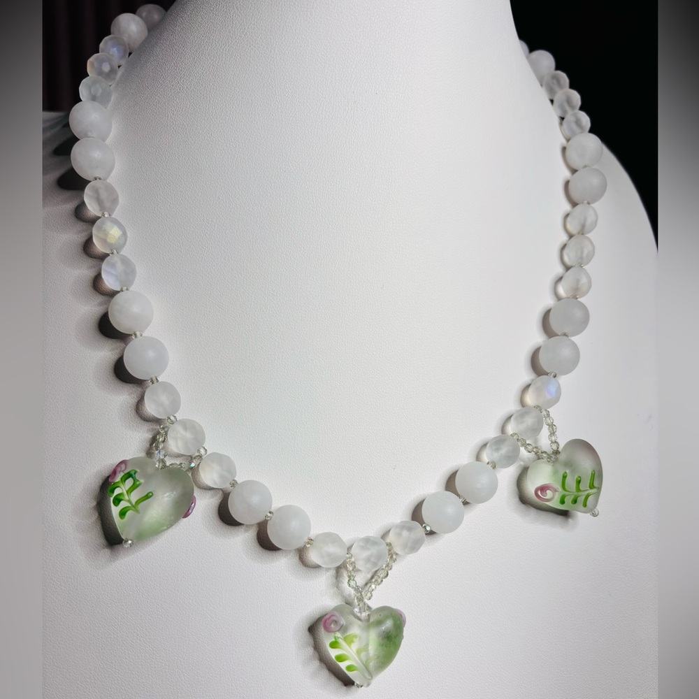 Handmade Quartz Matte Beaded Necklace Floral Hearts Sterling Silver Flower clasp